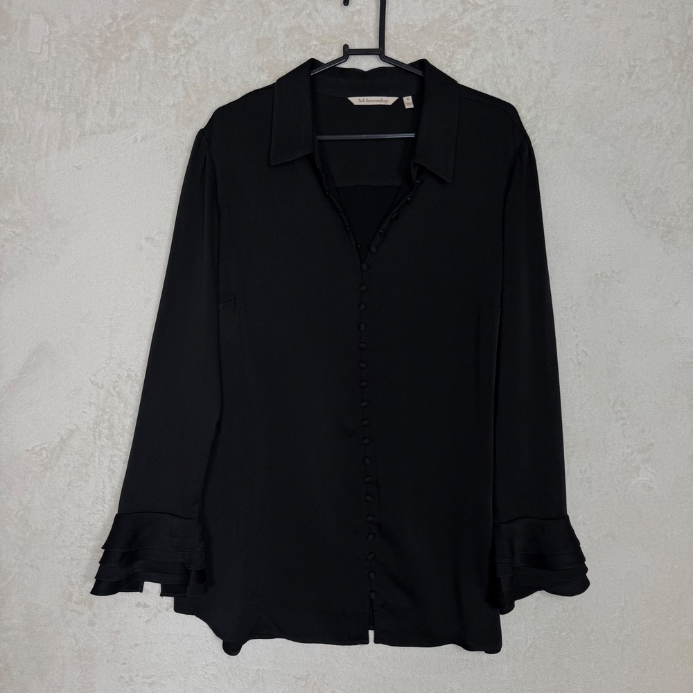 Soft Surroundings Black Button Down Blouse Ruffle Cuff Womens‎ XL Feminine